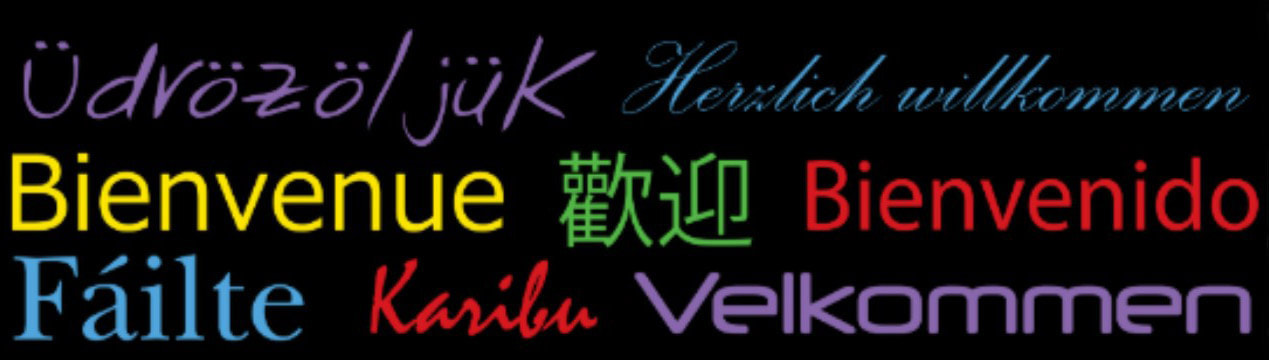 Welcome in many languages and colors, bienvenue, bienvenido,failte, velkommen, karibu and character languages